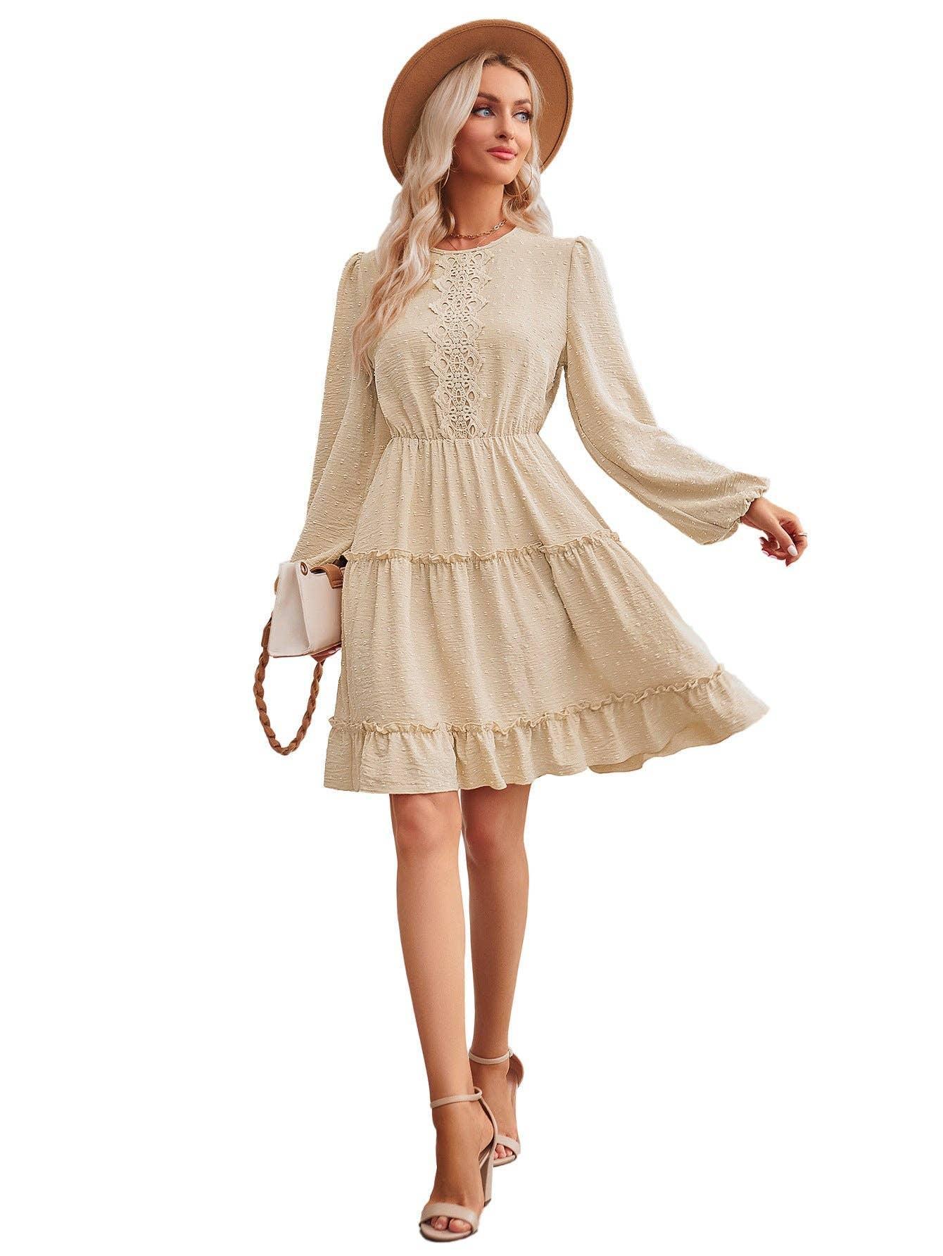 Ladies Round Neck Lace Daily Short Dress 233LQ53576-SN18 - SWEETKAMA
