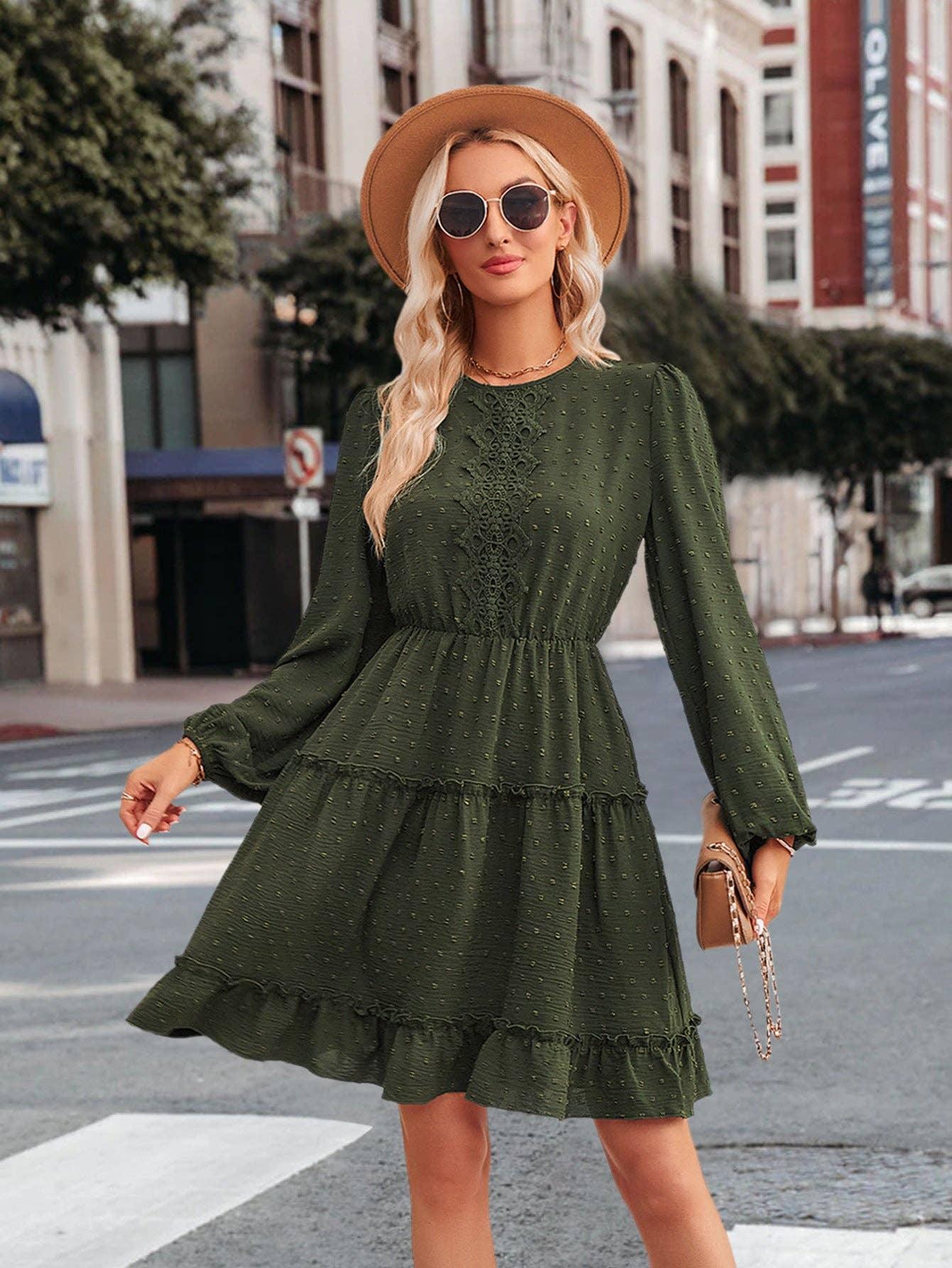 Ladies Round Neck Lace Daily Short Dress 233LQ53576-SN18 - SWEETKAMA