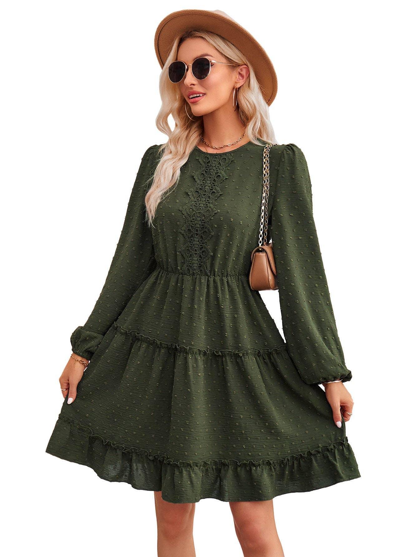 Ladies Round Neck Lace Daily Short Dress 233LQ53576-SN18 - SWEETKAMA