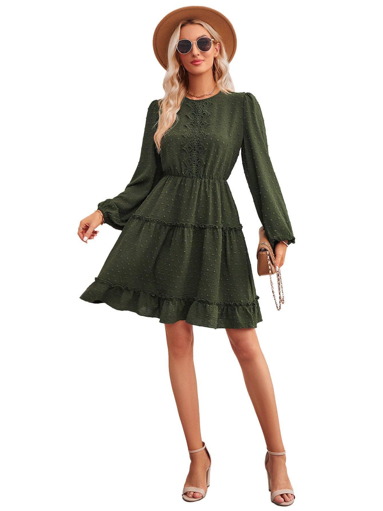 Ladies Round Neck Lace Daily Short Dress 233LQ53576-SN18 - SWEETKAMA