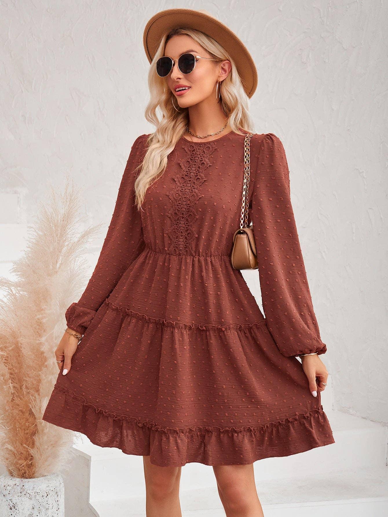 Ladies Round Neck Lace Daily Short Dress 233LQ53576-SN18 - SWEETKAMA