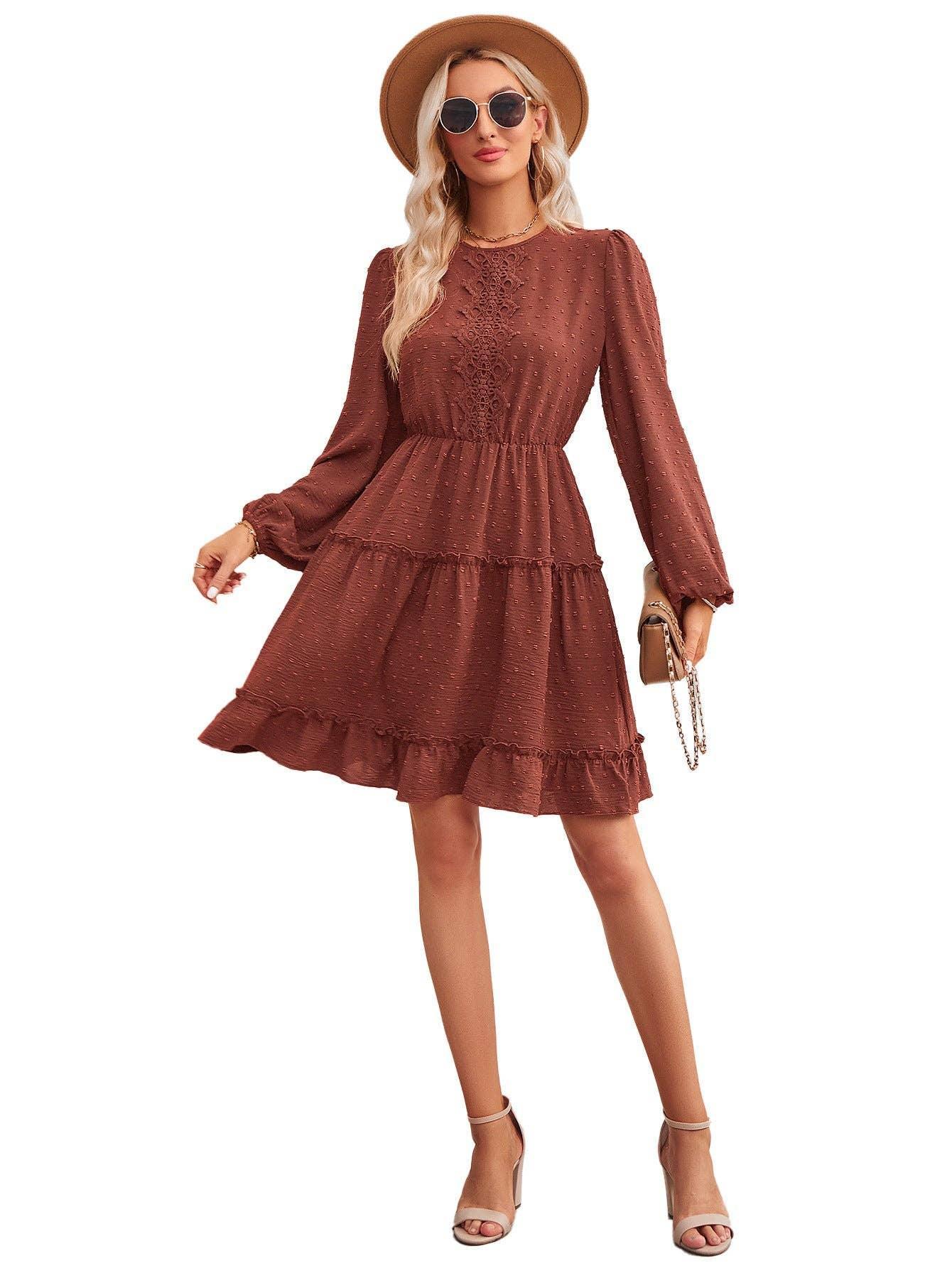 Ladies Round Neck Lace Daily Short Dress 233LQ53576-SN18 - SWEETKAMA
