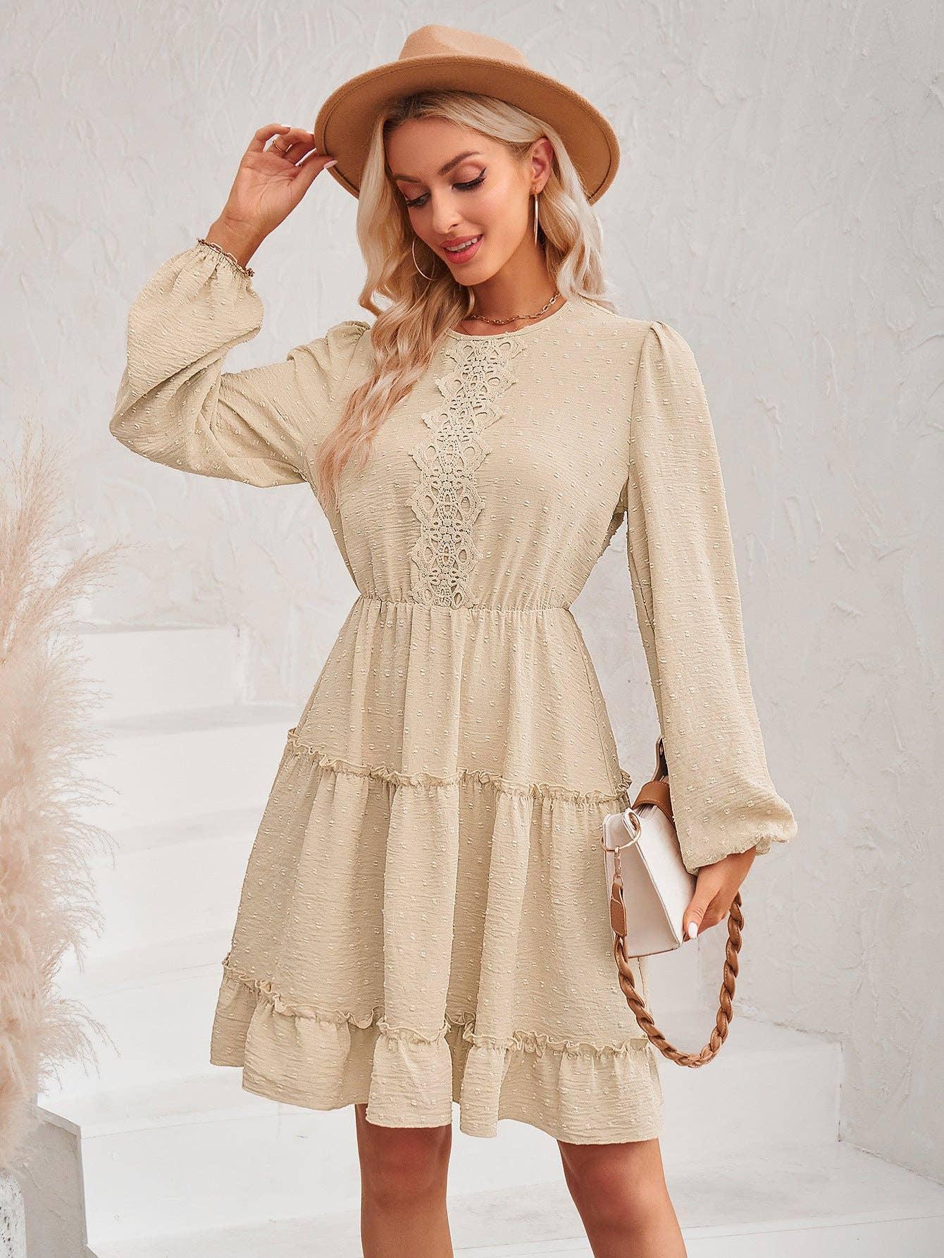 Ladies Round Neck Lace Daily Short Dress 233LQ53576-SN18 - SWEETKAMA