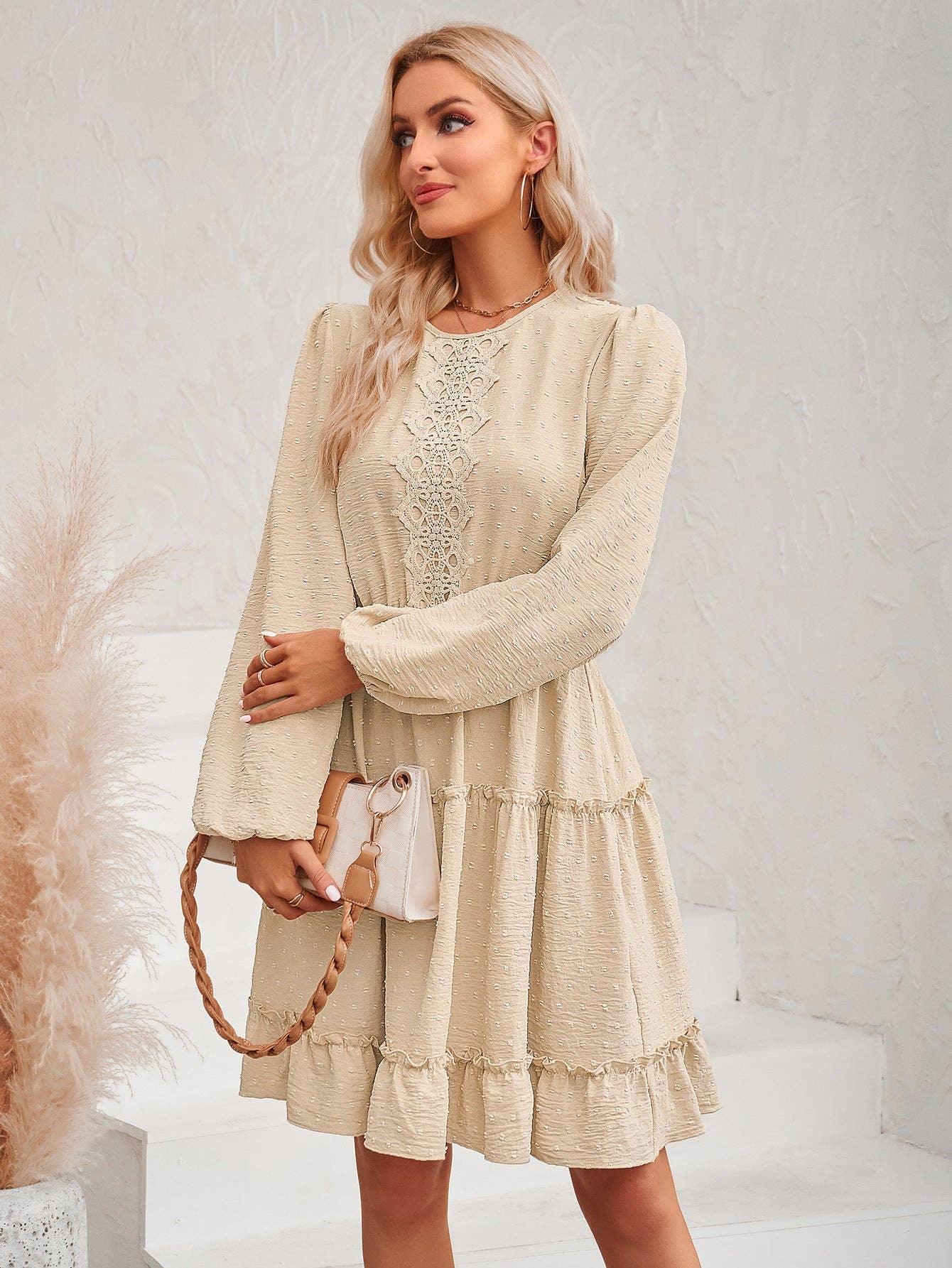 Ladies Round Neck Lace Daily Short Dress 233LQ53576-SN18 - SWEETKAMA
