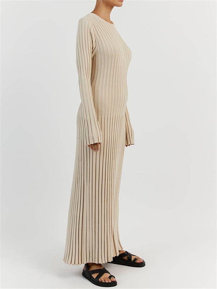 Ladies Round Neck Long Sleeves Knit Midi Dress FQD2007 - SWEETKAMA