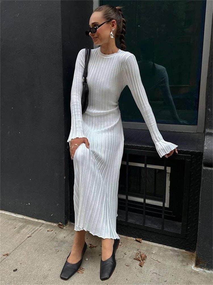 Ladies Round Neck Long Sleeves Knit Midi Dress FQD2007 - SWEETKAMA