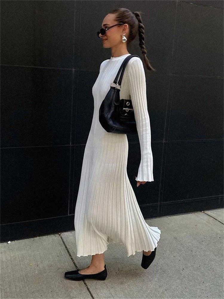 Ladies Round Neck Long Sleeves Knit Midi Dress FQD2007 - SWEETKAMA