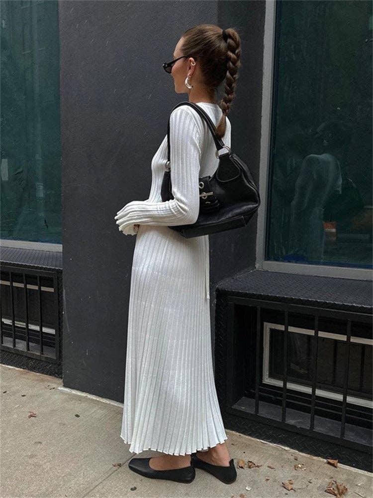 Ladies Round Neck Long Sleeves Knit Midi Dress FQD2007 - SWEETKAMA