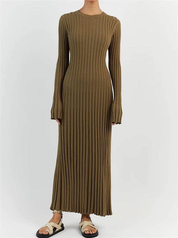 Ladies Round Neck Long Sleeves Knit Midi Dress FQD2007 - SWEETKAMA