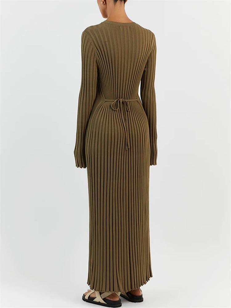Ladies Round Neck Long Sleeves Knit Midi Dress FQD2007 - SWEETKAMA