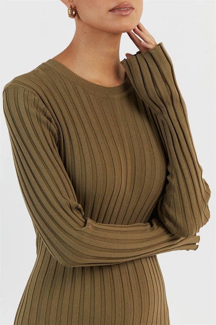 Ladies Round Neck Long Sleeves Knit Midi Dress FQD2007 - SWEETKAMA