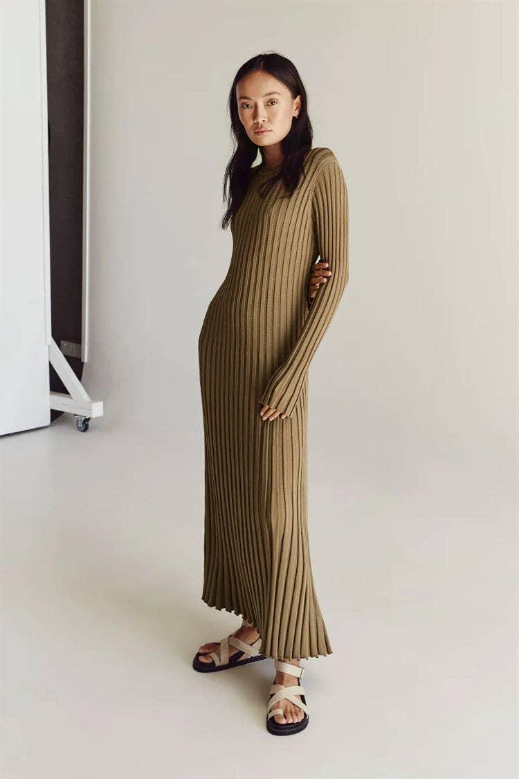 Ladies Round Neck Long Sleeves Knit Midi Dress FQD2007 - SWEETKAMA