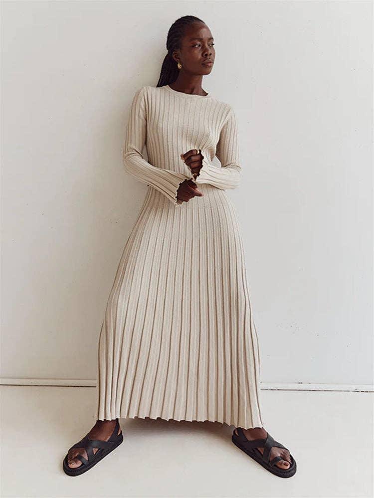 Ladies Round Neck Long Sleeves Knit Midi Dress FQD2007 - SWEETKAMA
