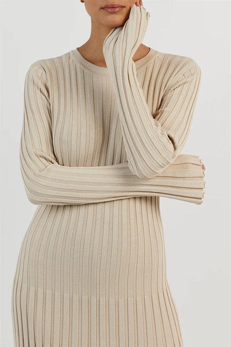 Ladies Round Neck Long Sleeves Knit Midi Dress FQD2007 - SWEETKAMA