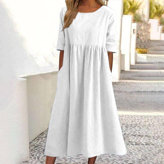 Ladies Round Neck Solid Color Daily Midi Dress 2302 - SWEETKAMA