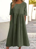 Ladies Round Neck Solid Color Daily Midi Dress 2302 - SWEETKAMA