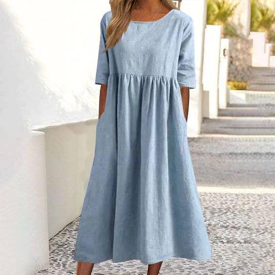 Ladies Round Neck Solid Color Daily Midi Dress 2302 - SWEETKAMA