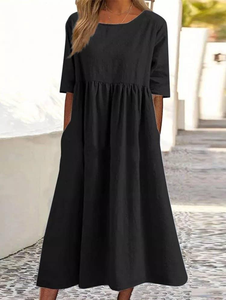 Ladies Round Neck Solid Color Daily Midi Dress 2302 - SWEETKAMA