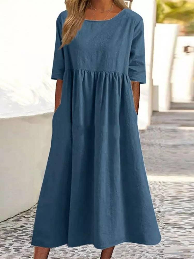 Ladies Round Neck Solid Color Daily Midi Dress 2302 - SWEETKAMA