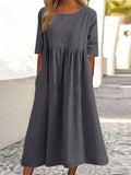 Ladies Round Neck Solid Color Daily Midi Dress 2302 - SWEETKAMA