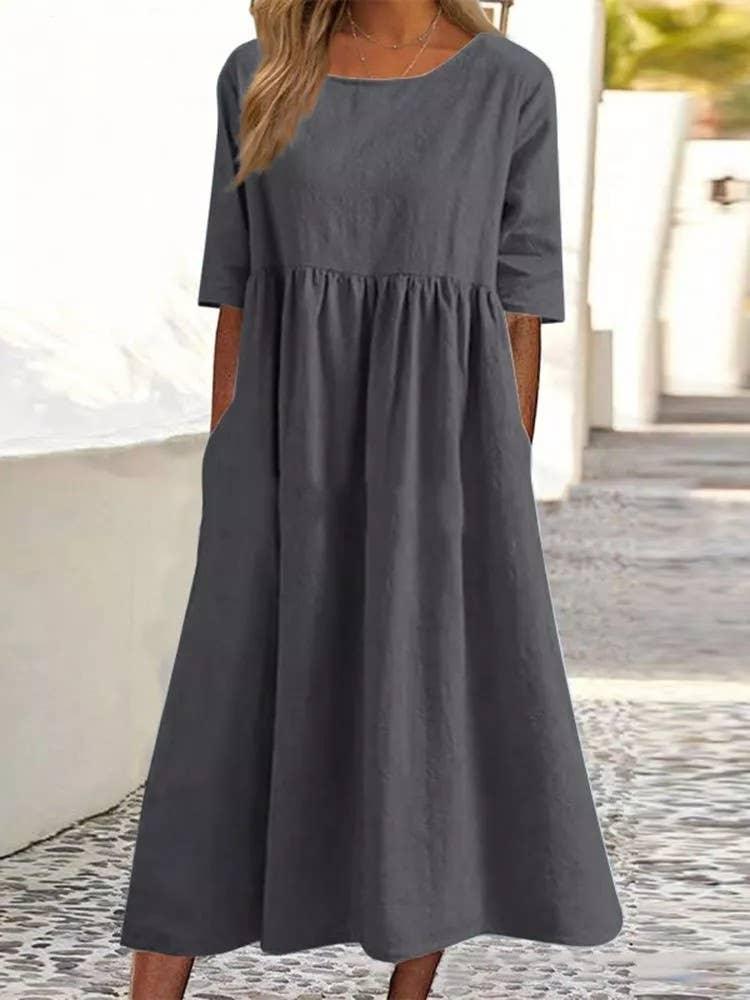 Ladies Round Neck Solid Color Daily Midi Dress 2302 - SWEETKAMA
