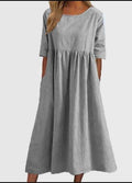 Ladies Round Neck Solid Color Daily Midi Dress 2302 - SWEETKAMA
