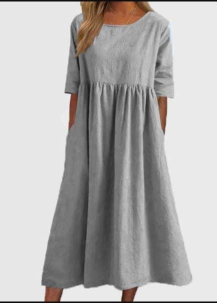 Ladies Round Neck Solid Color Daily Midi Dress 2302 - SWEETKAMA