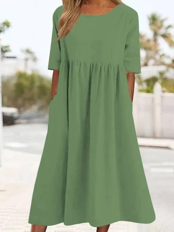 Ladies Round Neck Solid Color Daily Midi Dress 2302 - SWEETKAMA