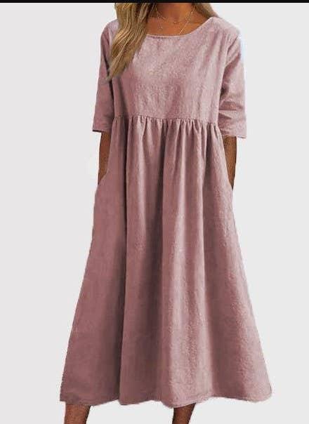 Ladies Round Neck Solid Color Daily Midi Dress 2302 - SWEETKAMA