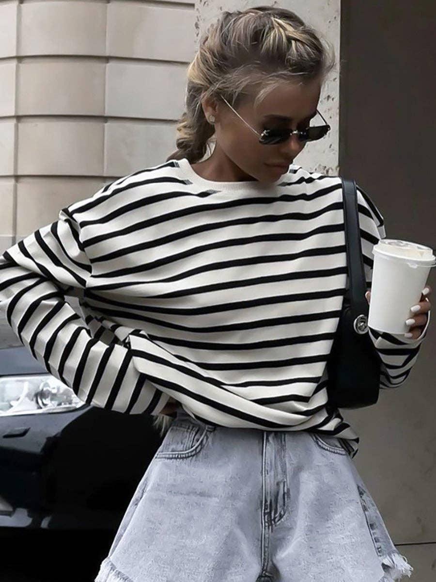 Ladies Round Neck T-Shirt Black Stripe Blouse TX1393 - SWEETKAMA