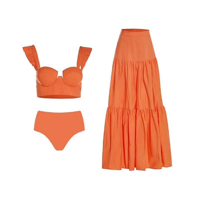 Ladies Ruffle Shoulder Straps Bikini Set with Skirt Cover Y198 - SWEETKAMA