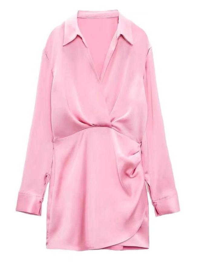 Ladies Satin Faux Solid Color Mini Dress 2650 - SWEETKAMA