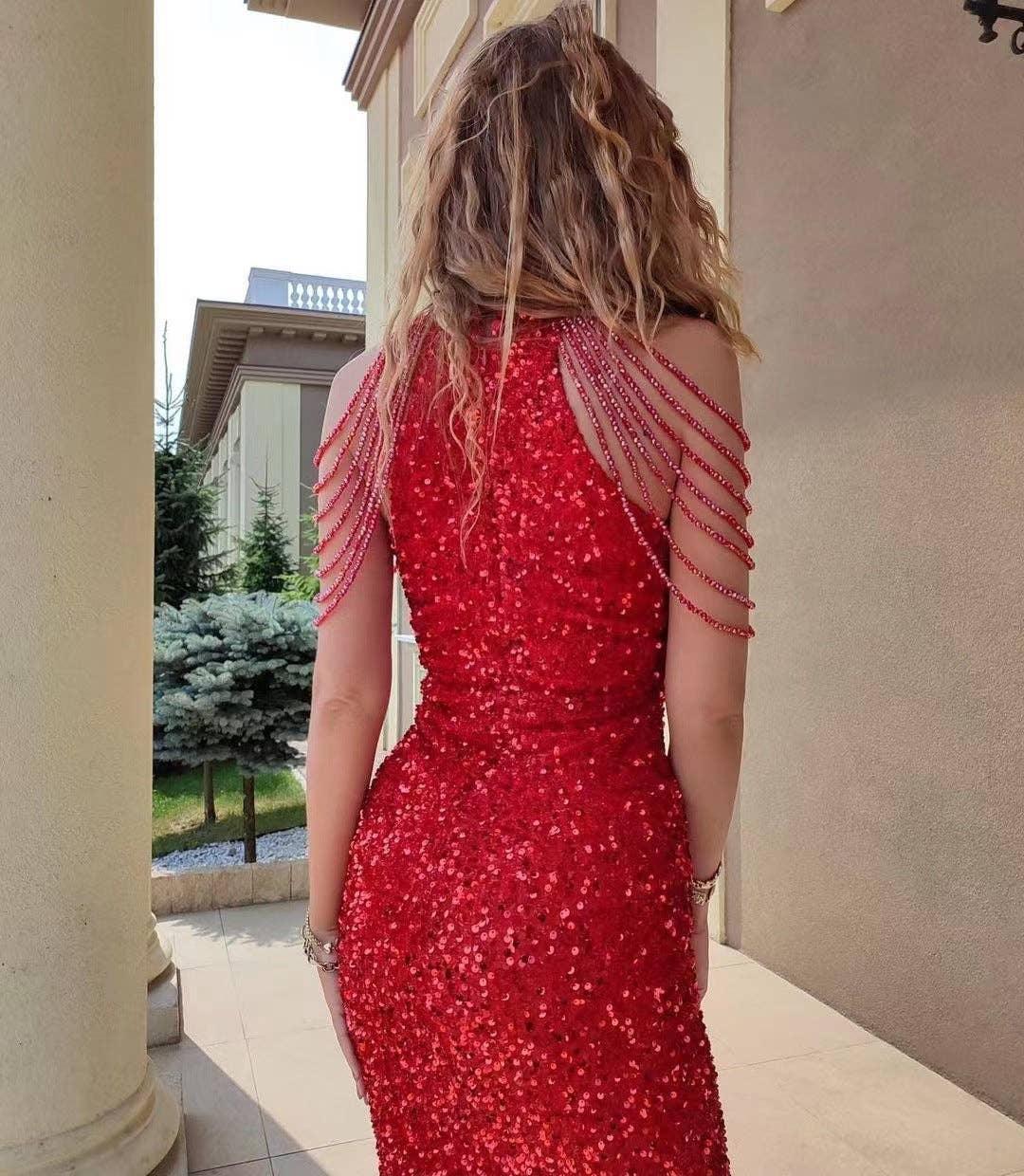 Ladies Sequin Beads Sleeveless Halter Mini Dress 129555 - SWEETKAMA