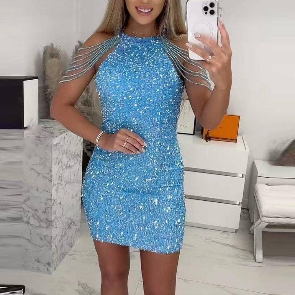 Ladies Sequin Beads Sleeveless Halter Mini Dress 129555 - SWEETKAMA