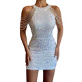 Ladies Sequin Beads Sleeveless Halter Mini Dress 129555 - SWEETKAMA