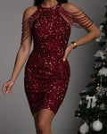 Ladies Sequin Beads Sleeveless Halter Mini Dress 129555 - SWEETKAMA