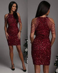 Ladies Sequin Beads Sleeveless Halter Mini Dress 129555 - SWEETKAMA