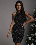 Ladies Sequin Beads Sleeveless Halter Mini Dress 129555 - SWEETKAMA