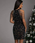 Ladies Sequin Beads Sleeveless Halter Mini Dress 129555 - SWEETKAMA
