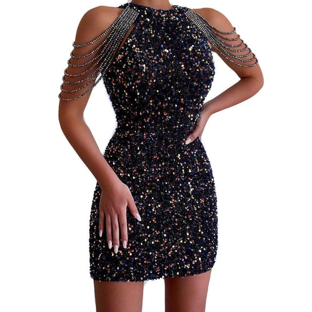 Ladies Sequin Beads Sleeveless Halter Mini Dress 129555 - SWEETKAMA