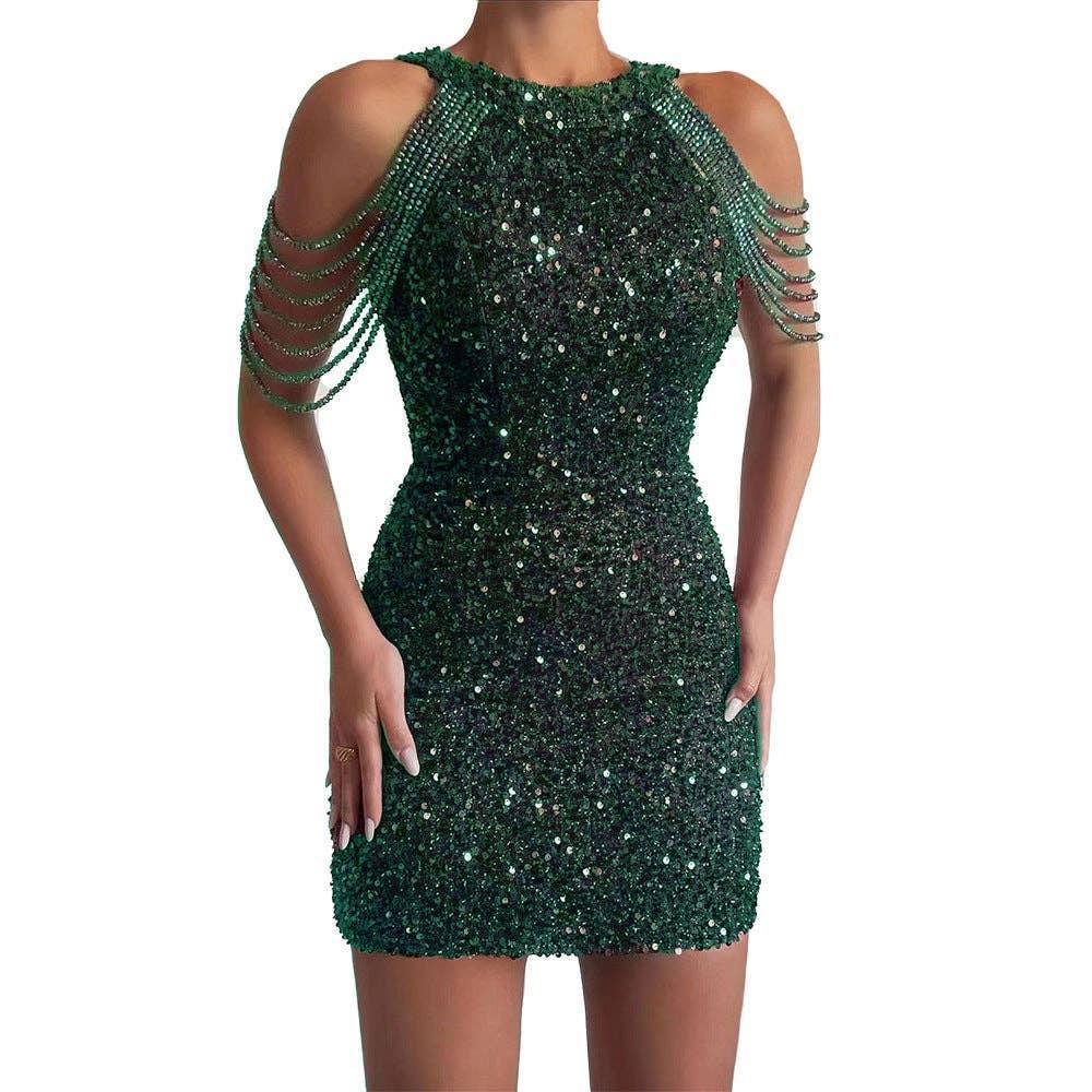 Ladies Sequin Beads Sleeveless Halter Mini Dress 129555 - SWEETKAMA