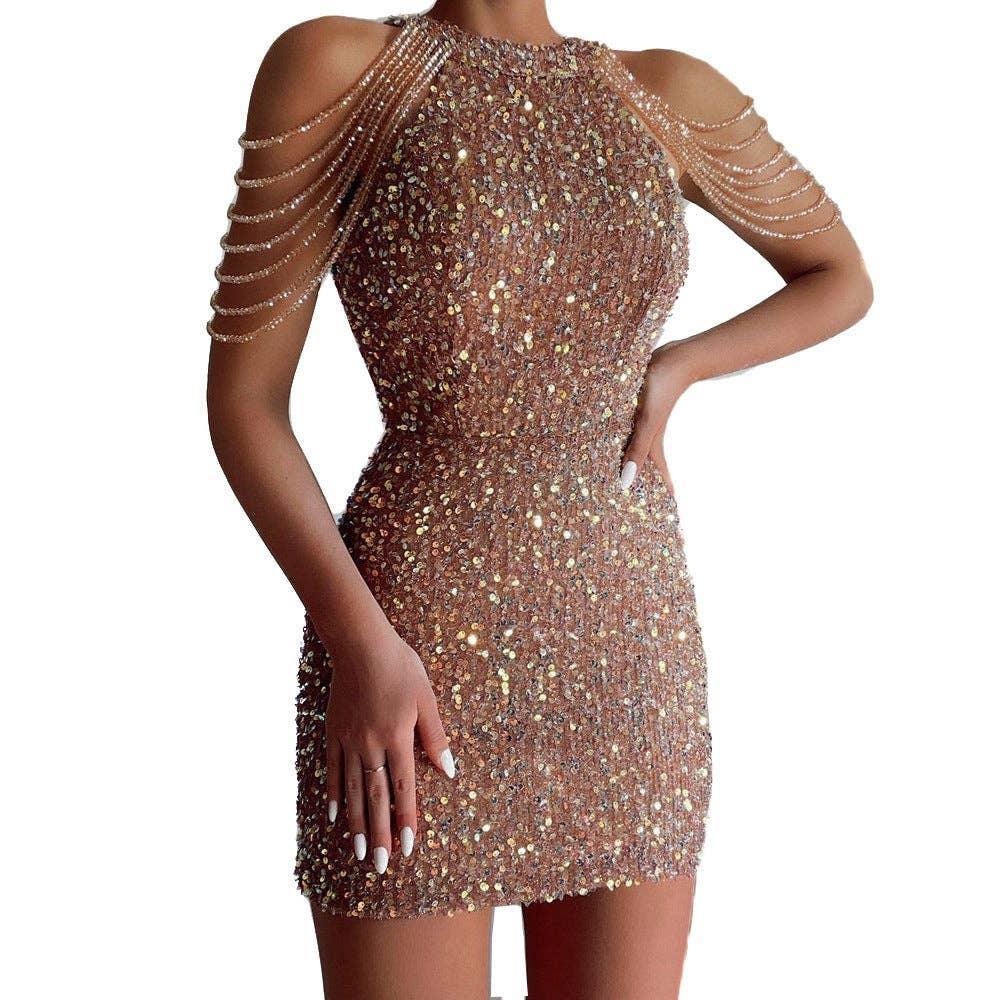 Ladies Sequin Beads Sleeveless Halter Mini Dress 129555 - SWEETKAMA