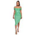 Ladies Sequin Off Shoulder Irregular Midi Dress R9135 - SWEETKAMA