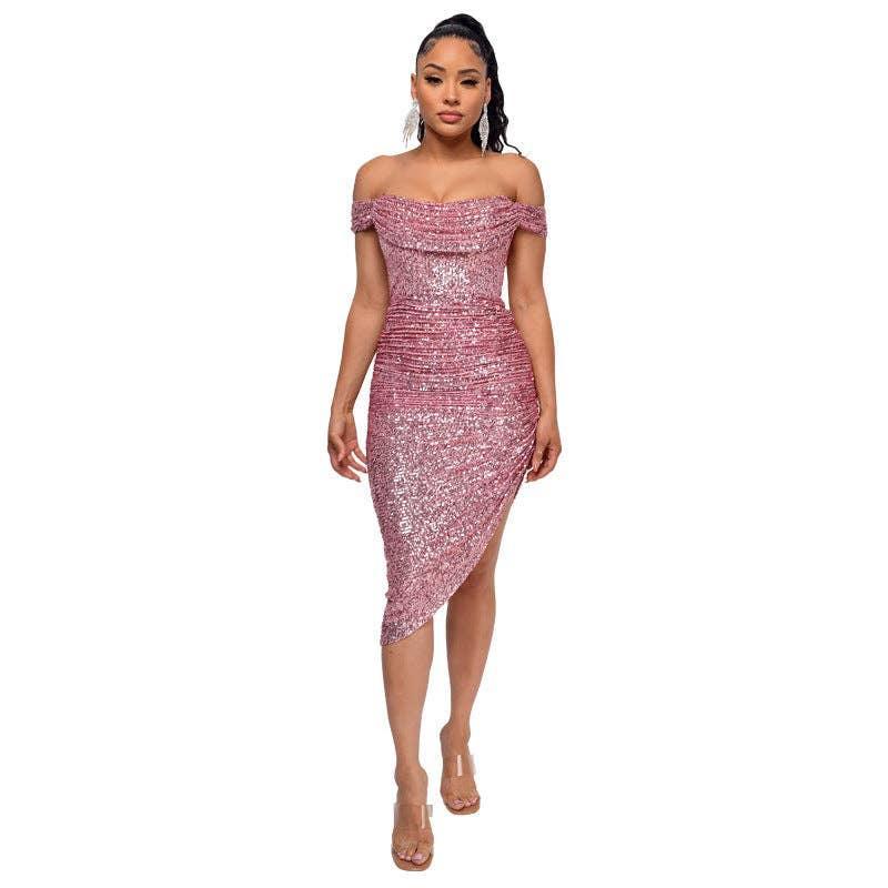 Ladies Sequin Off Shoulder Irregular Midi Dress R9135 - SWEETKAMA