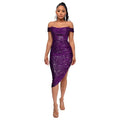 Ladies Sequin Off Shoulder Irregular Midi Dress R9135 - SWEETKAMA