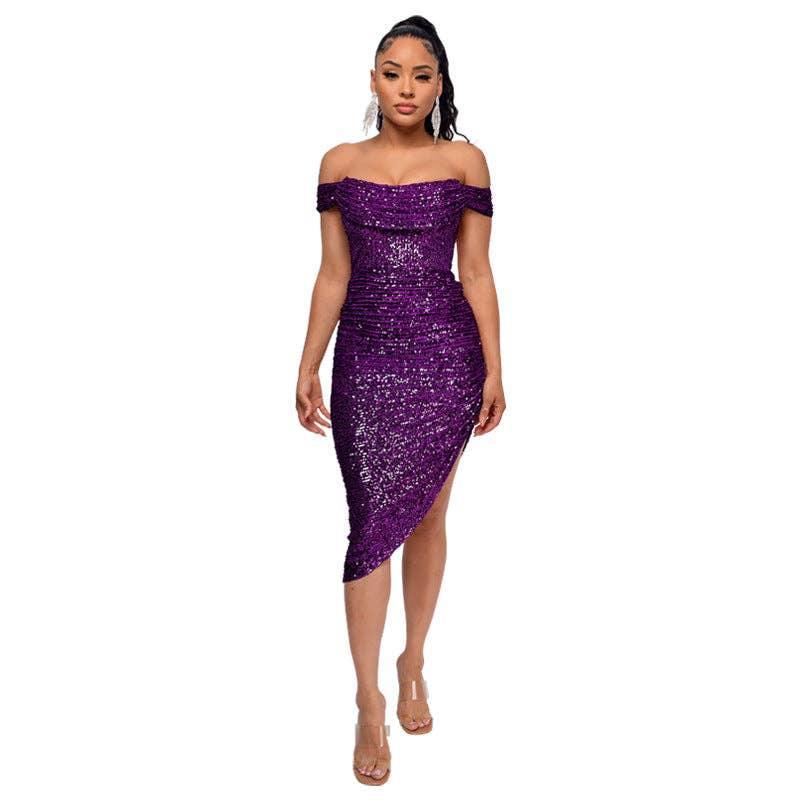Ladies Sequin Off Shoulder Irregular Midi Dress R9135 - SWEETKAMA