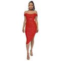 Ladies Sequin Off Shoulder Irregular Midi Dress R9135 - SWEETKAMA