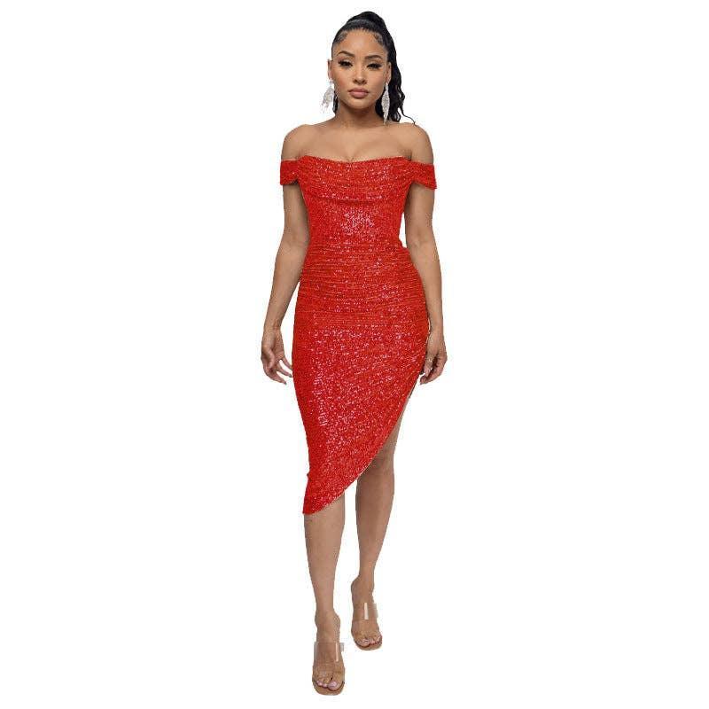 Ladies Sequin Off Shoulder Irregular Midi Dress R9135 - SWEETKAMA
