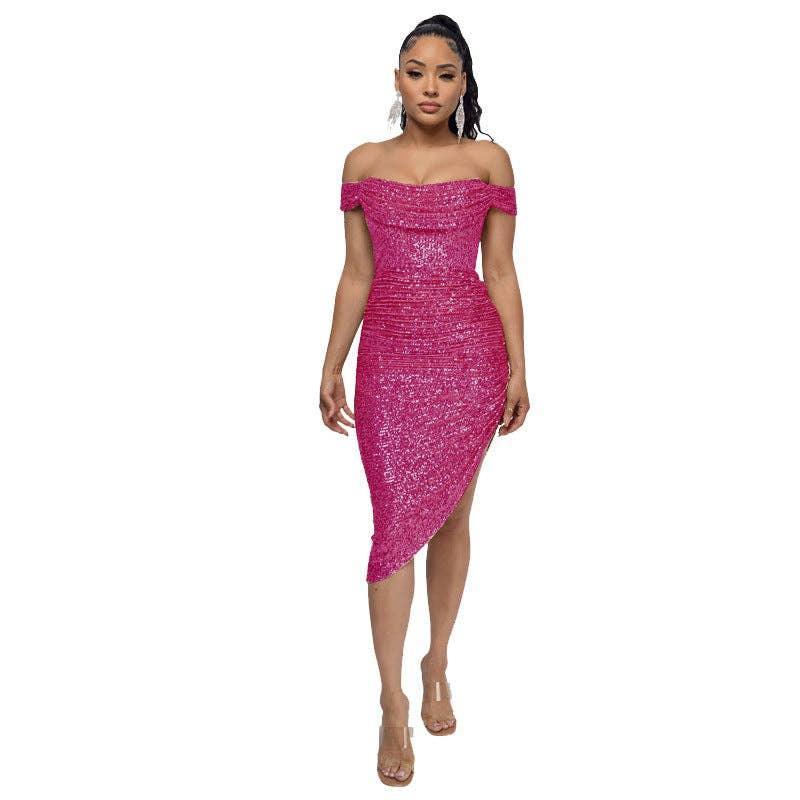 Ladies Sequin Off Shoulder Irregular Midi Dress R9135 - SWEETKAMA