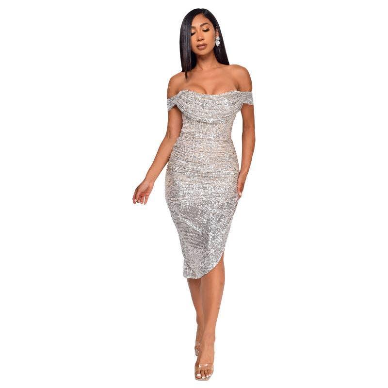 Ladies Sequin Off Shoulder Irregular Midi Dress R9135 - SWEETKAMA